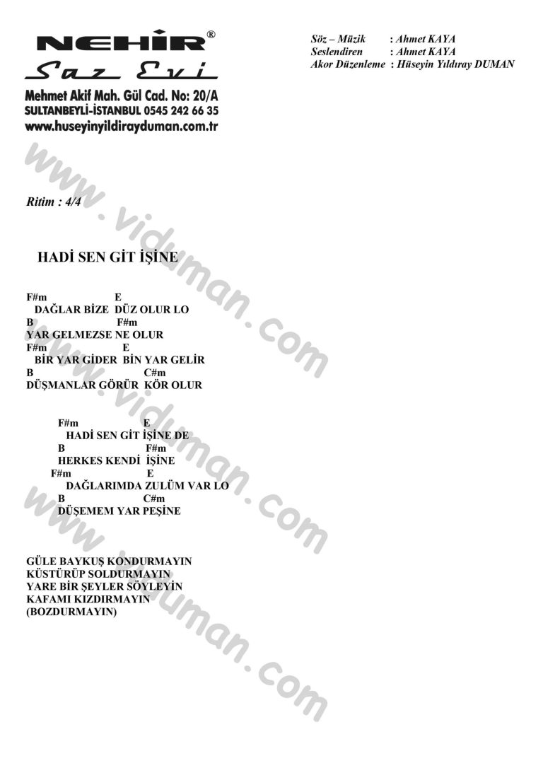 Hadi Sen Git Isine-Ahmet Kaya-Ritim-Gitar-Akorlari