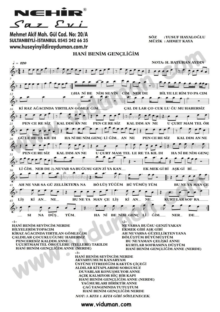 Hani Benim Gencligim-Ahmet Kaya-Baglama-Saz-Turku-Notalari