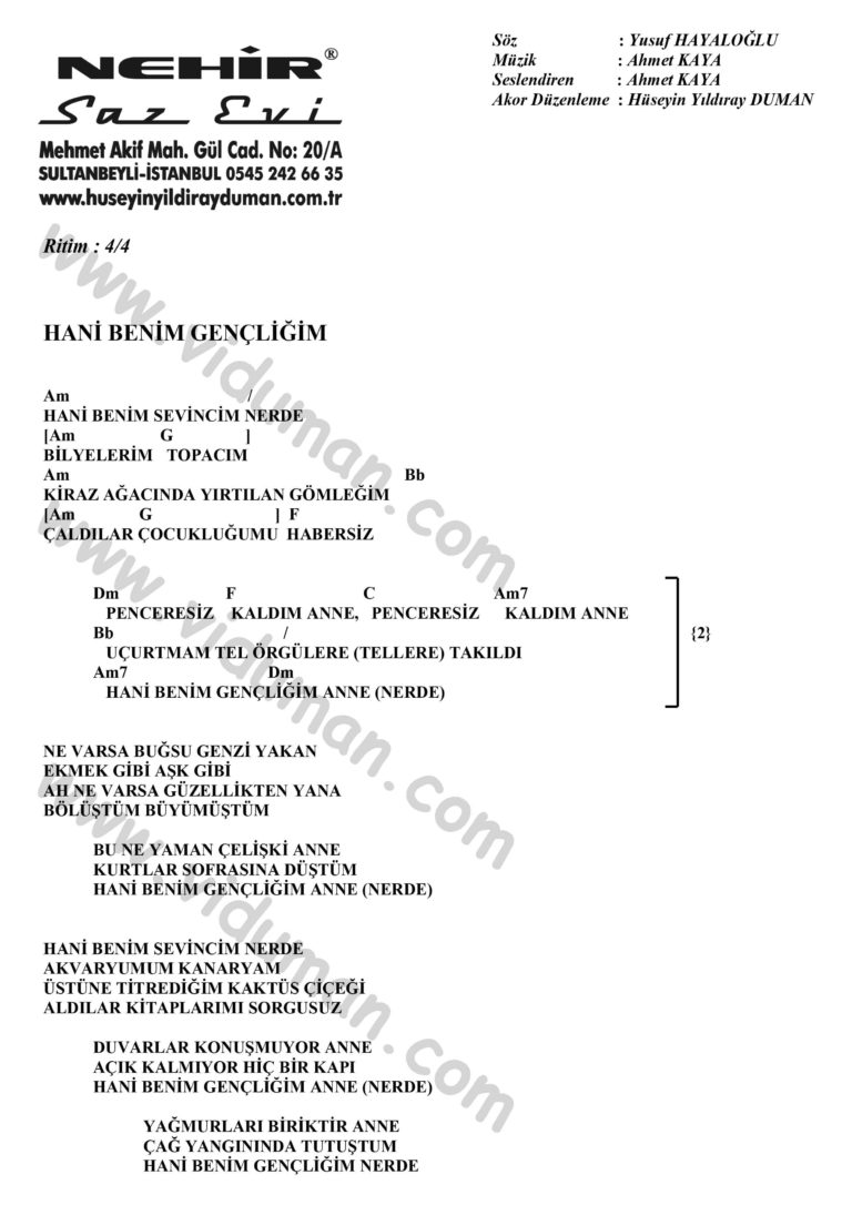Hani Benim Gencligim-Ahmet Kaya-Ritim-Gitar-Akorlari