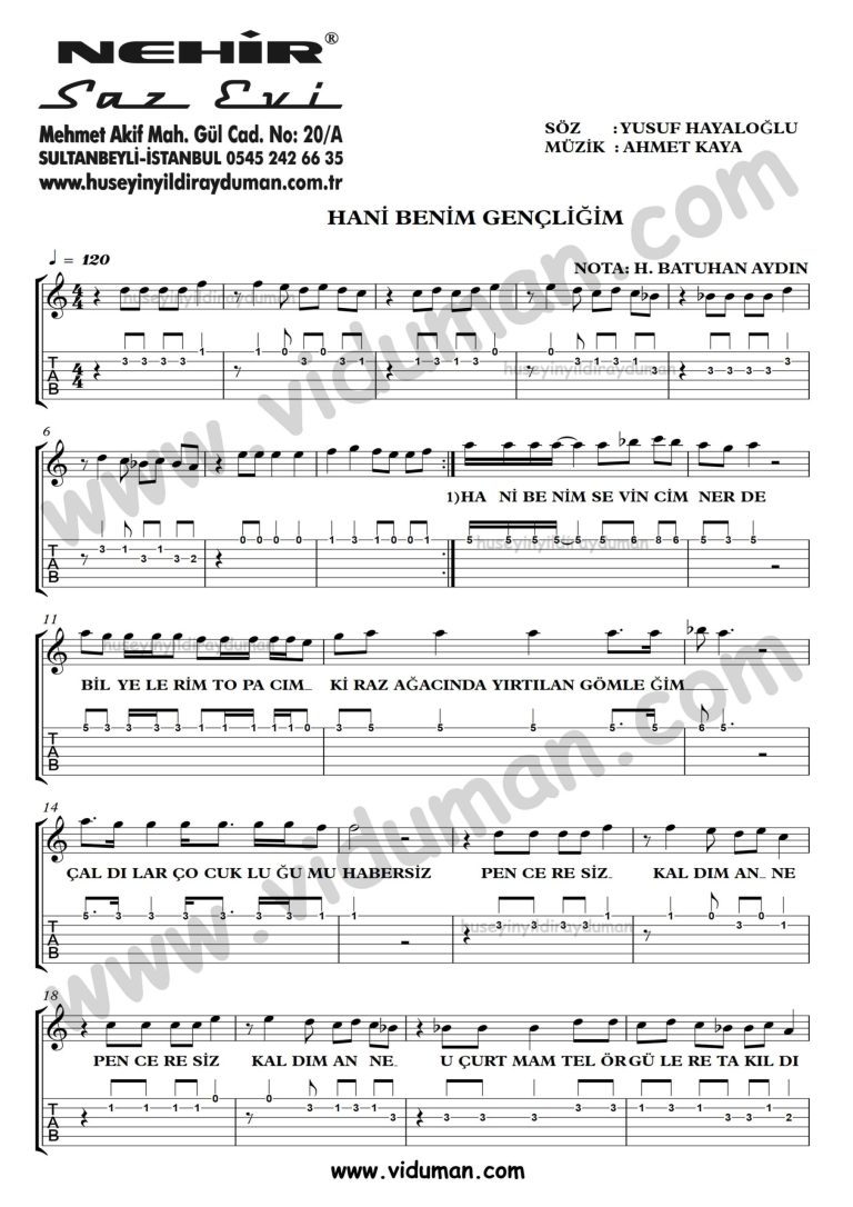 Hani Benim Gencligim_1-Ahmet Kaya-Gitar Tab-Solo Notalari