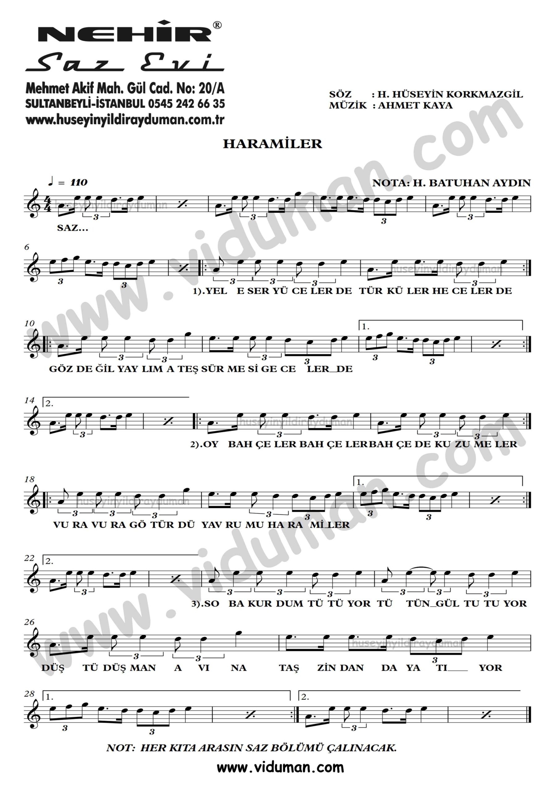 Haramiler-Ahmet Kaya-Baglama-Saz-Turku-Notalari