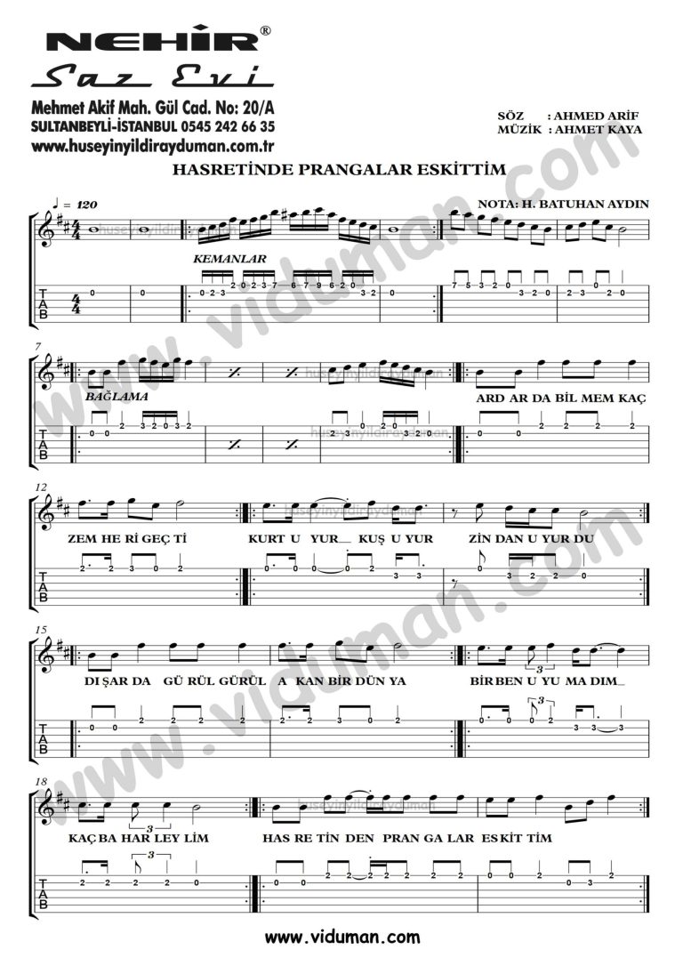Hasretinden Prangalar Eskittim_1-Ahmet Kaya-Gitar Tab-Solo Notalari