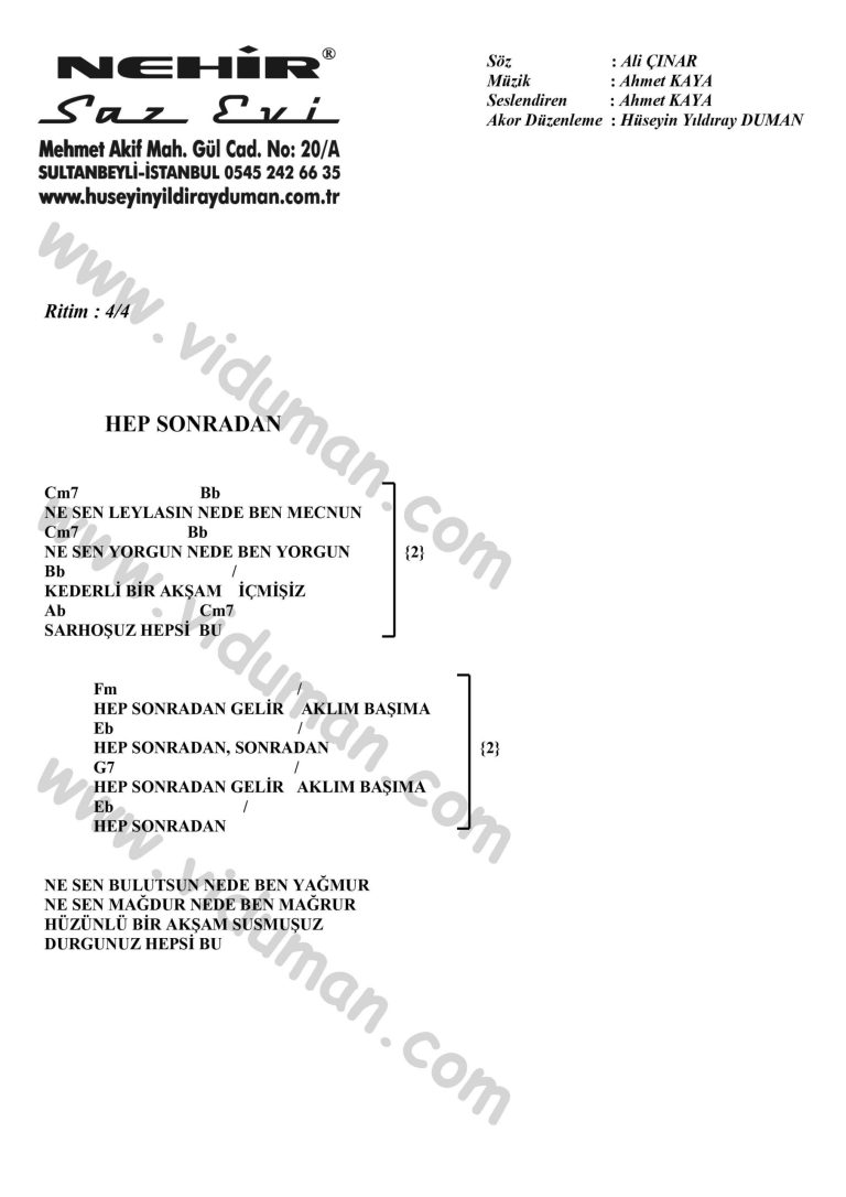 Hep Sonradan-Ahmet Kaya-Ritim-Gitar-Akorlari