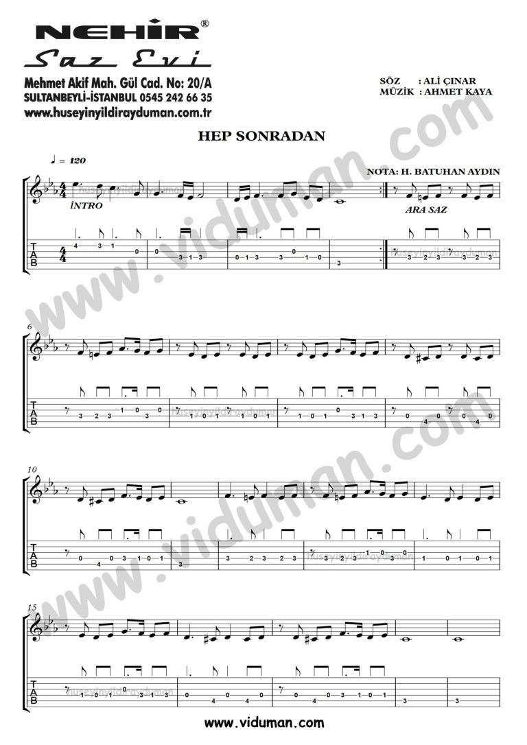 Hep Sonradan_1-Ahmet Kaya-Gitar Tab-Solo Notalari