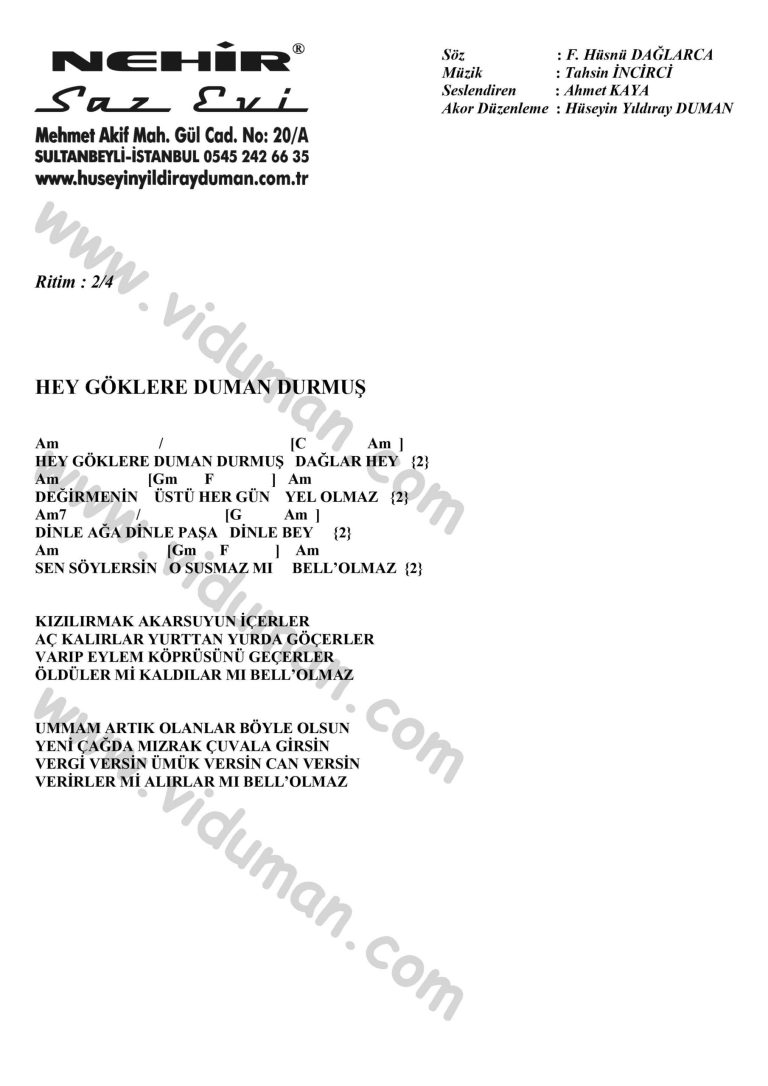 Hey Goklere Duman Durmus-Ahmet Kaya-Ritim-Gitar-Akorlari