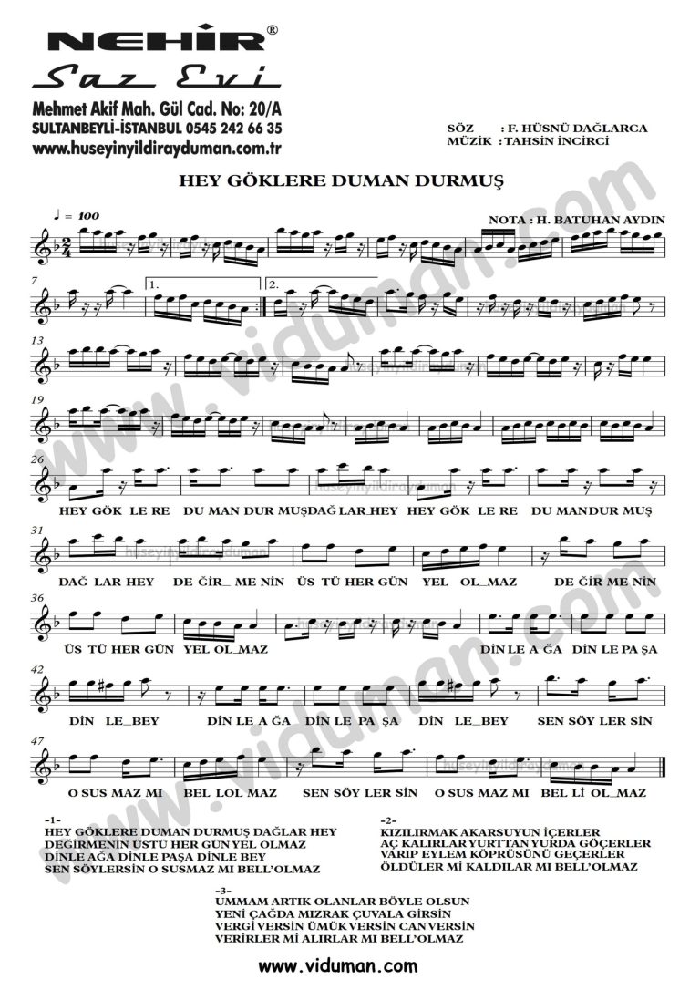 Hey Goklere Duman Durmus Daglar-Ahmet Kaya-Baglama-Saz-Turku-Notalari