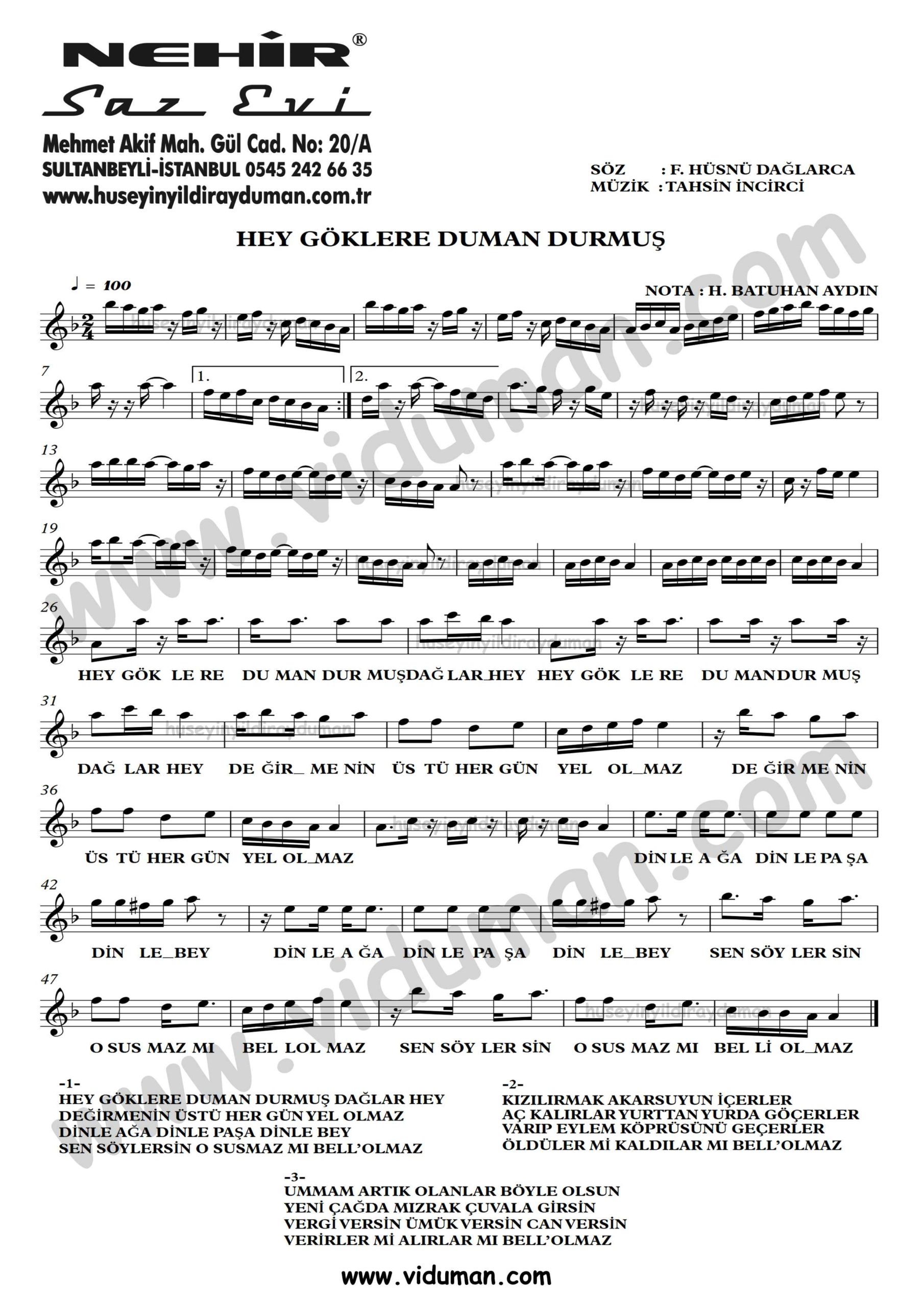 Hey Goklere Duman Durmus Daglar-Ahmet Kaya-Baglama-Saz-Turku-Notalari