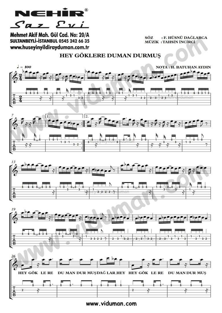 Hey Goklere Duman Durmus Daglar_1-Ahmet Kaya-Gitar Tab-Solo Notalari