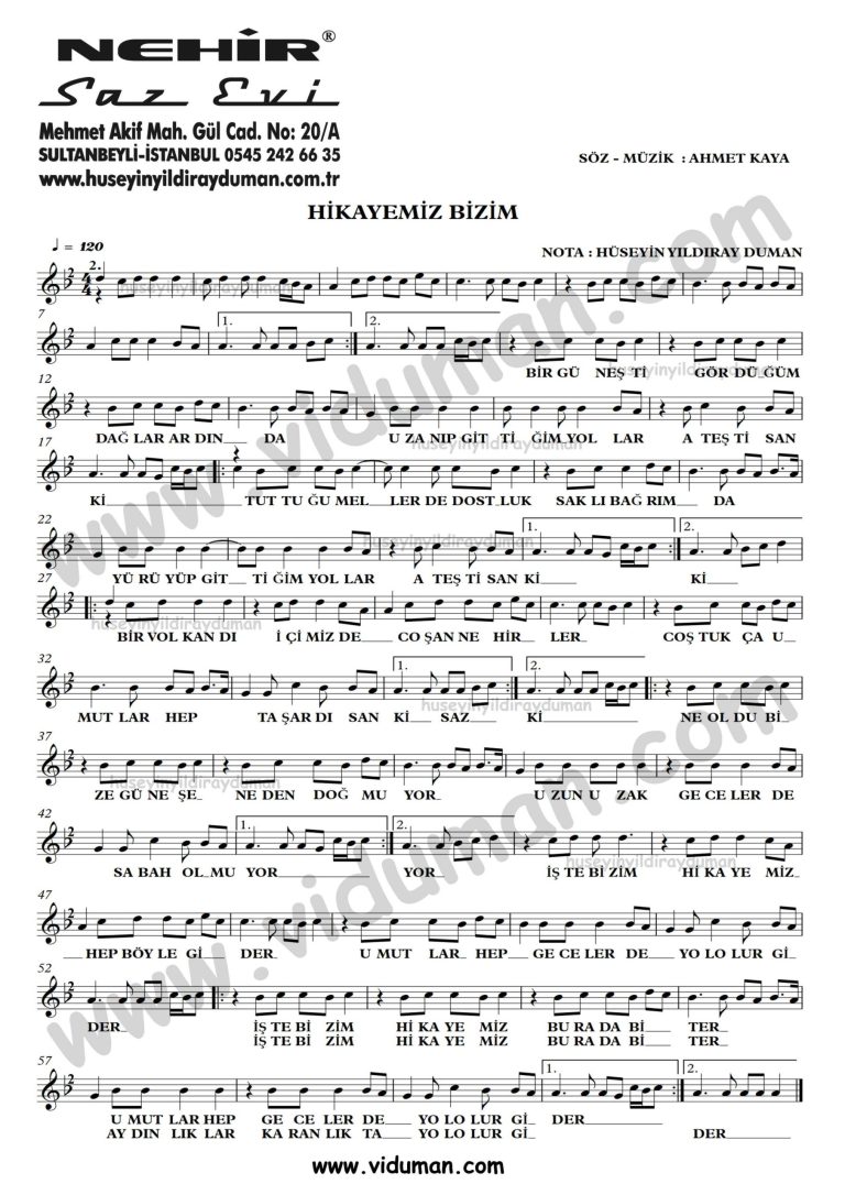 Hikayemiz Bizim-Ahmet Kaya-Baglama-Saz-Turku-Notalari