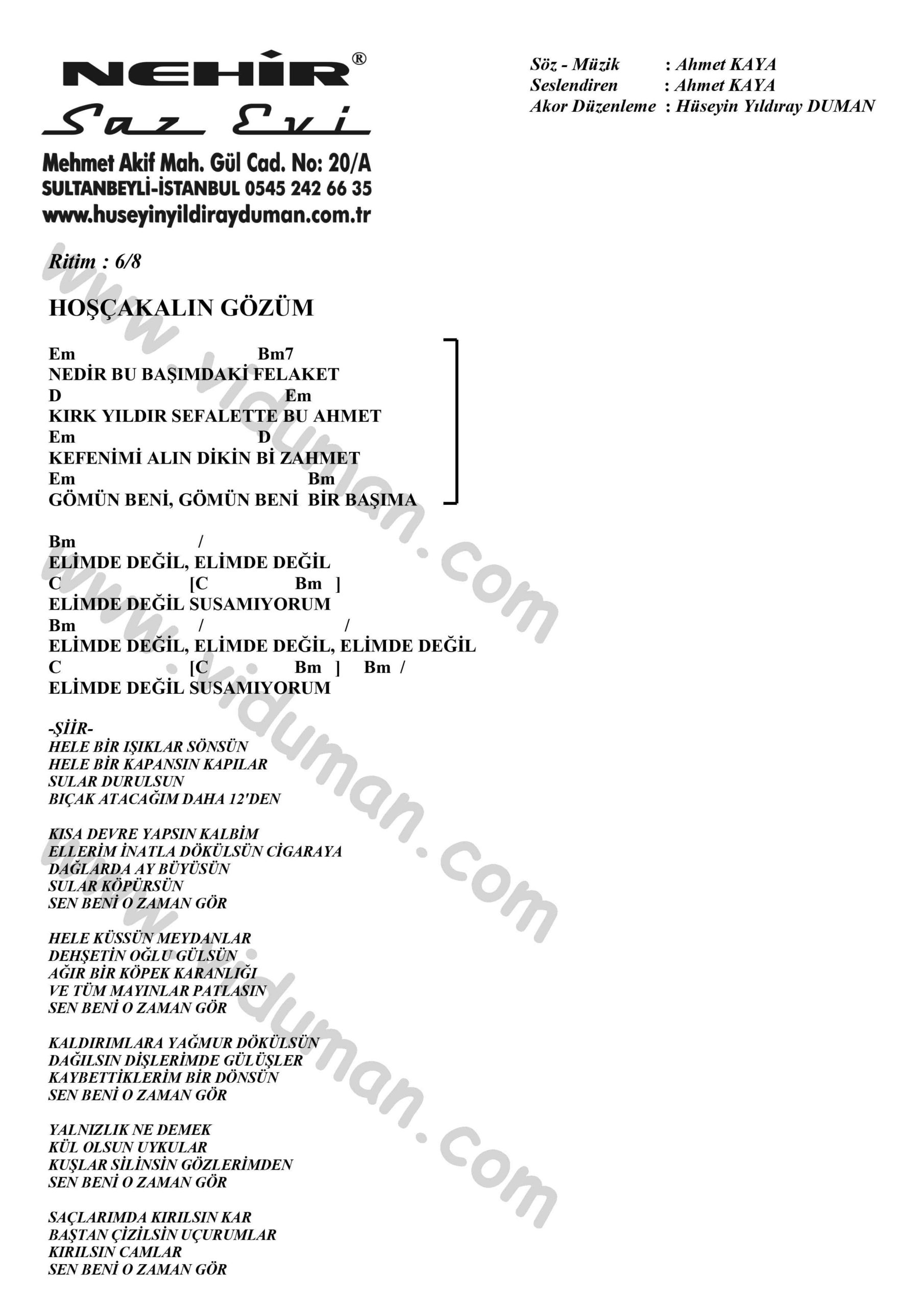 Hoscakalin Gozum-Ahmet Kaya-Ritim-Gitar-Akorlari