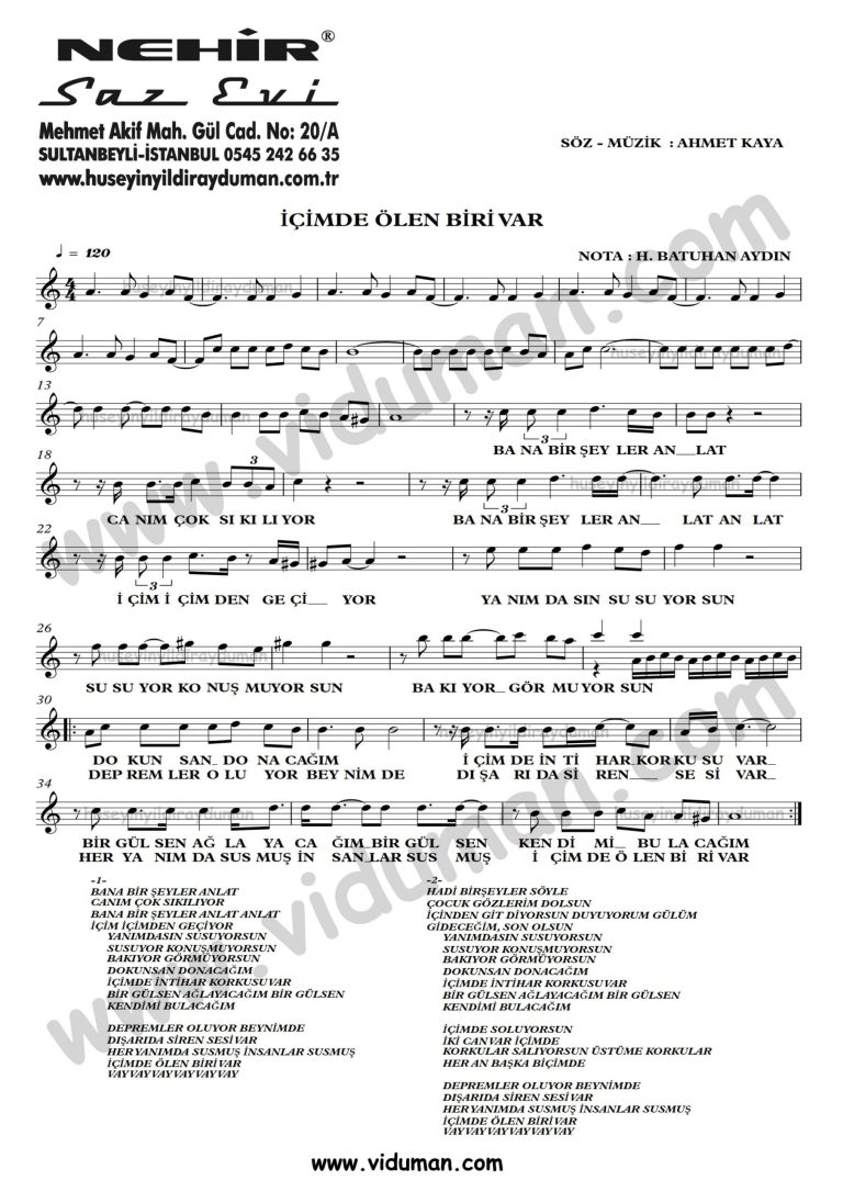 Icimde Olen Biri Var-Ahmet Kaya-Baglama-Saz-Turku-Notalari