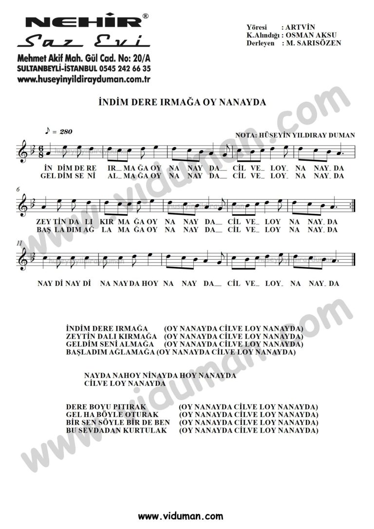 Indim Dere Irmaga Oy Nanayda-Baglama-Saz-Turku-Notalari