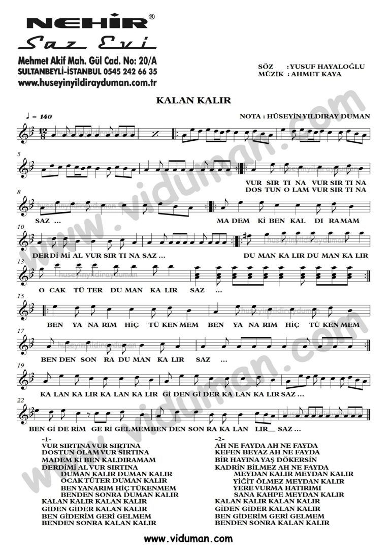 Kalan Kalir-Ahmet Kaya-Baglama-Saz-Turku-Notalari