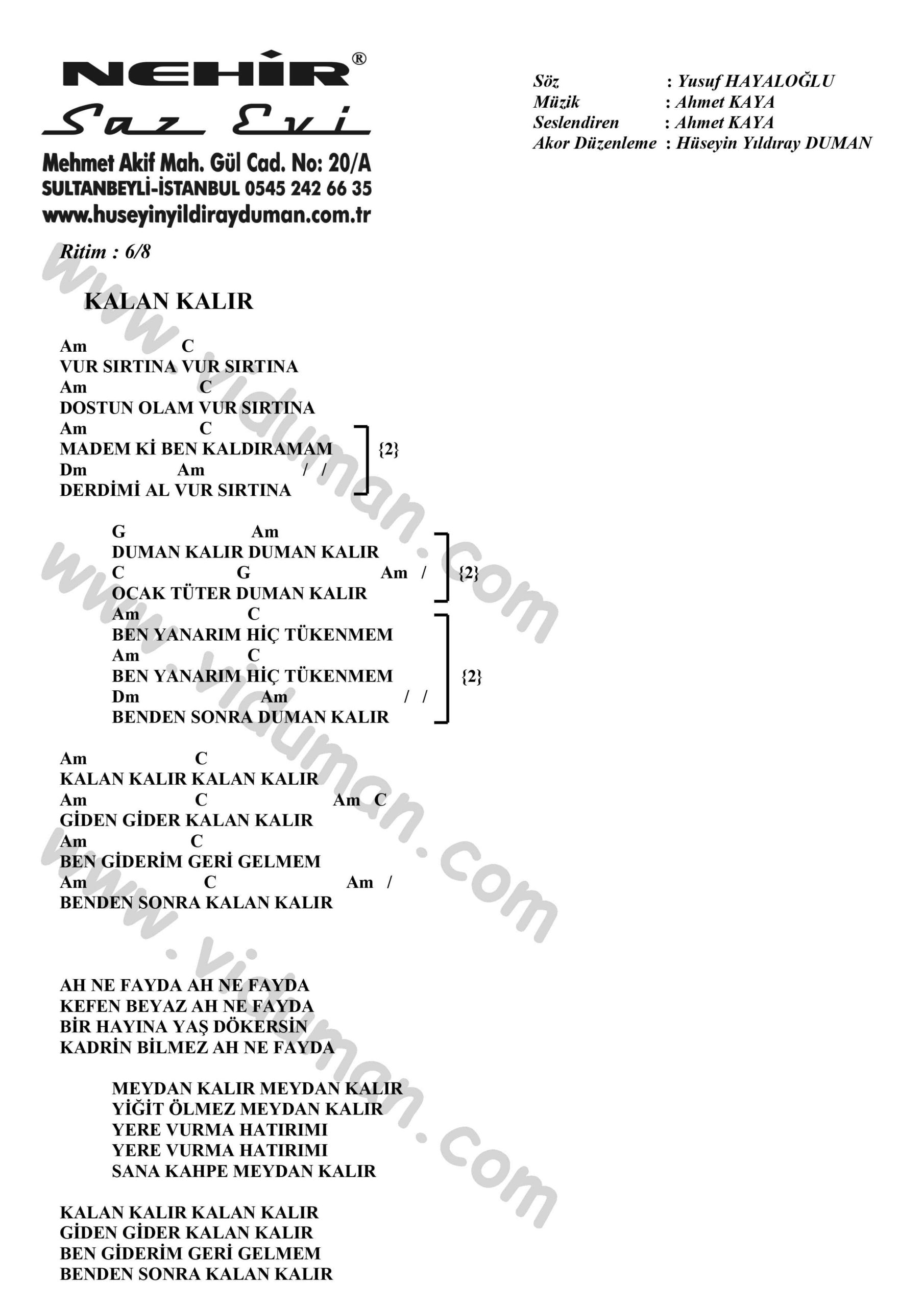 Kalan Kalir-Ahmet Kaya-Ritim-Gitar-Akorlari