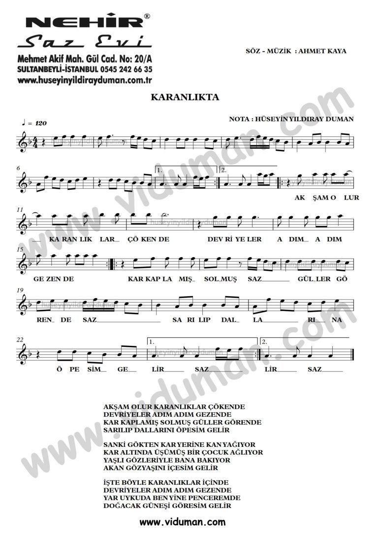 Karanlikta-Ahmet Kaya-Baglama-Saz-Turku-Notalari