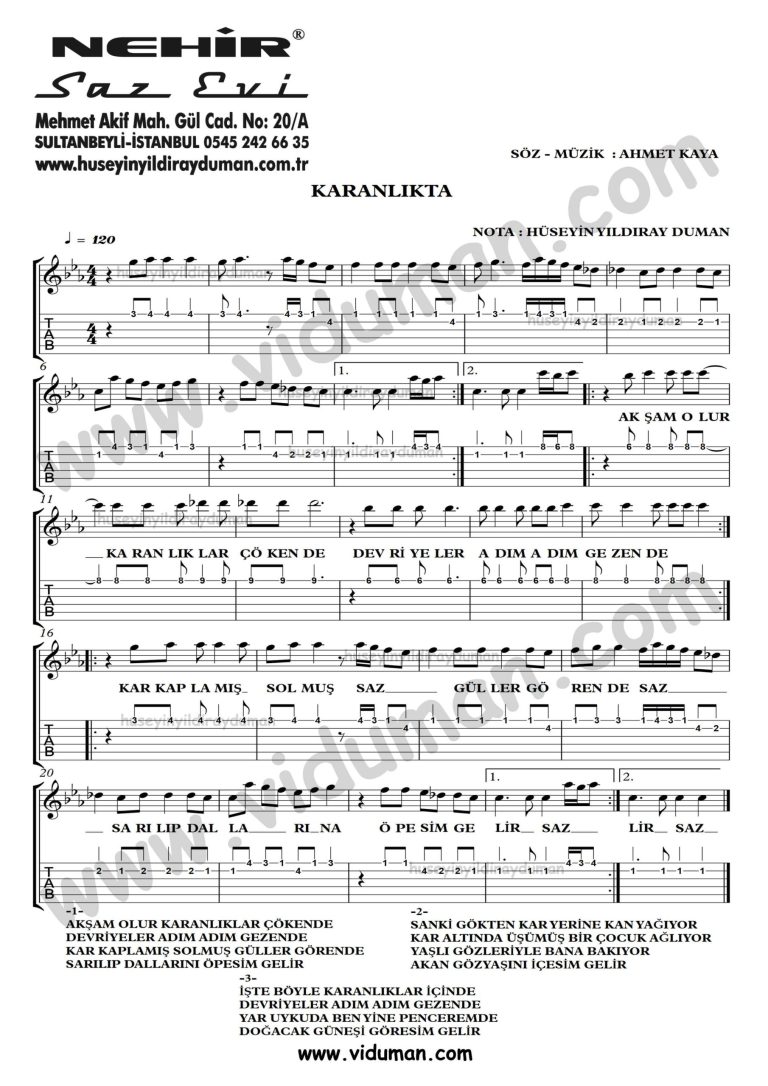 Karanlikta-Ahmet Kaya-Gitar Tab-Solo Notalari