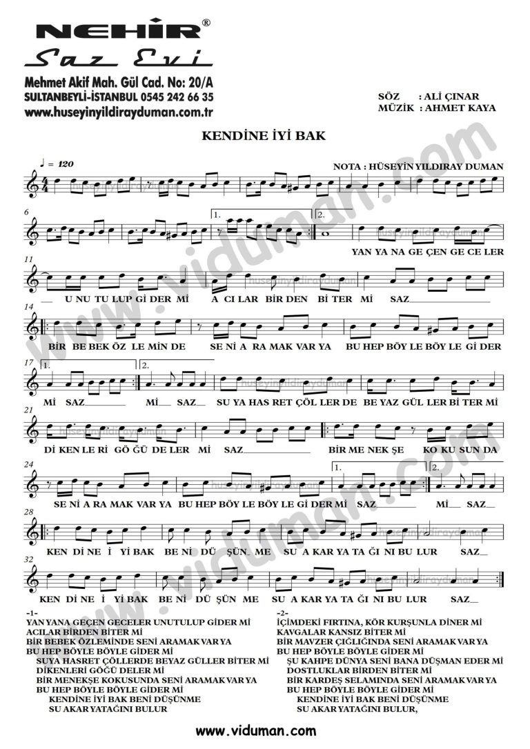 Kendine Iyi Bak-Ahmet Kaya-Baglama-Saz-Turku-Notalari