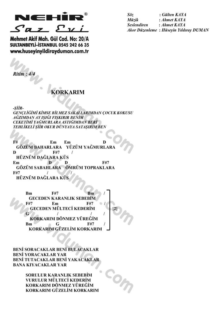 Korkarim-Ahmet Kaya-Ritim-Gitar-Akorlari