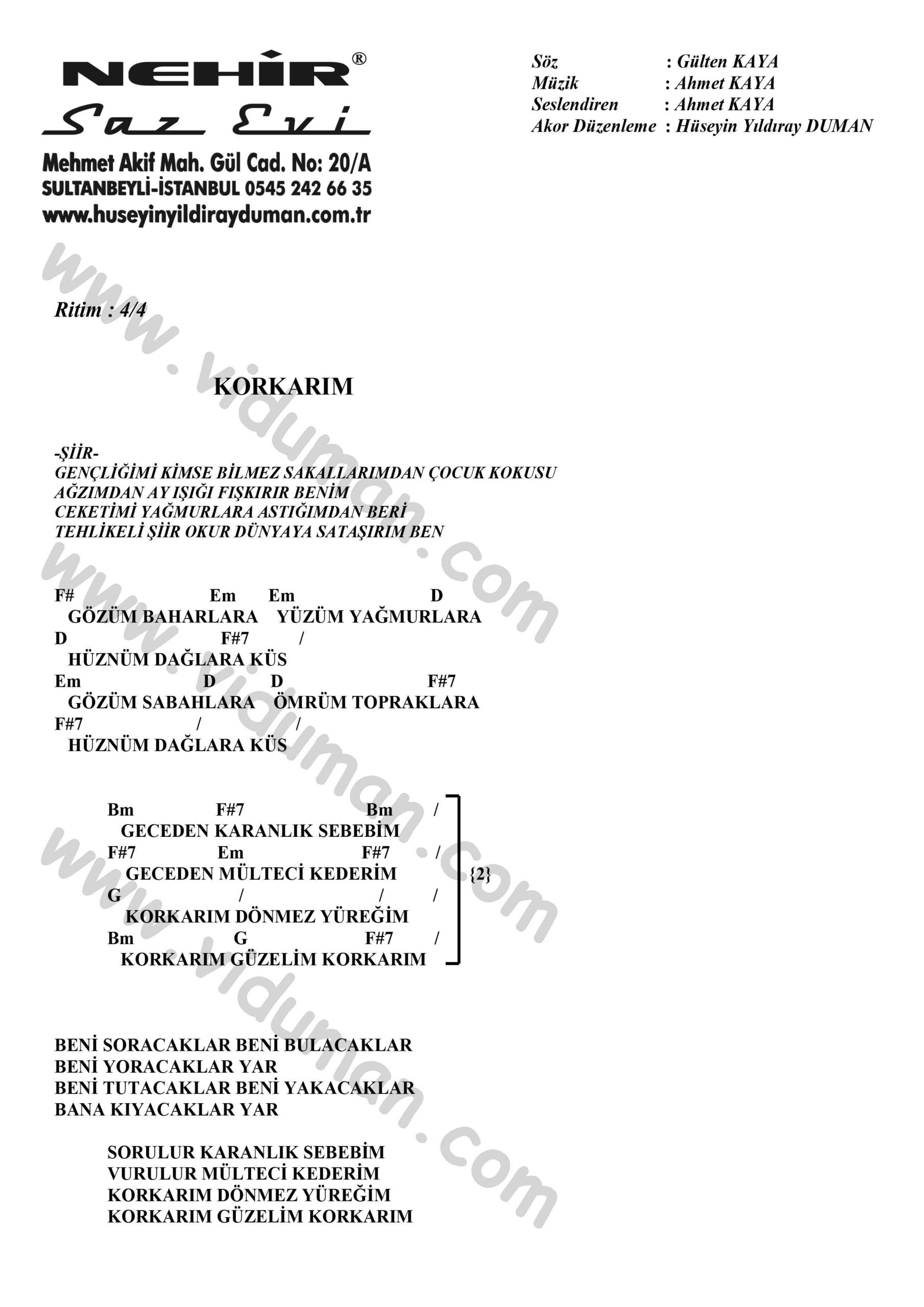 Korkarim-Ahmet Kaya-Ritim-Gitar-Akorlari