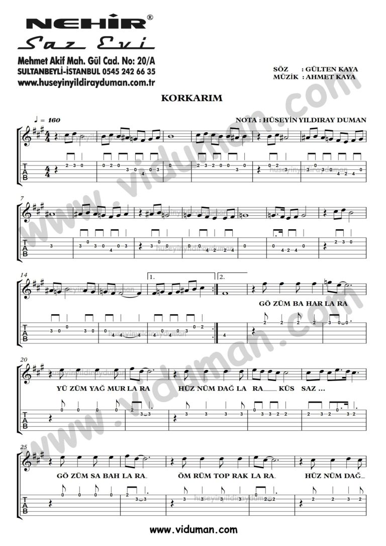 Korkarim_1-Ahmet Kaya-Gitar Tab-Solo Notalari
