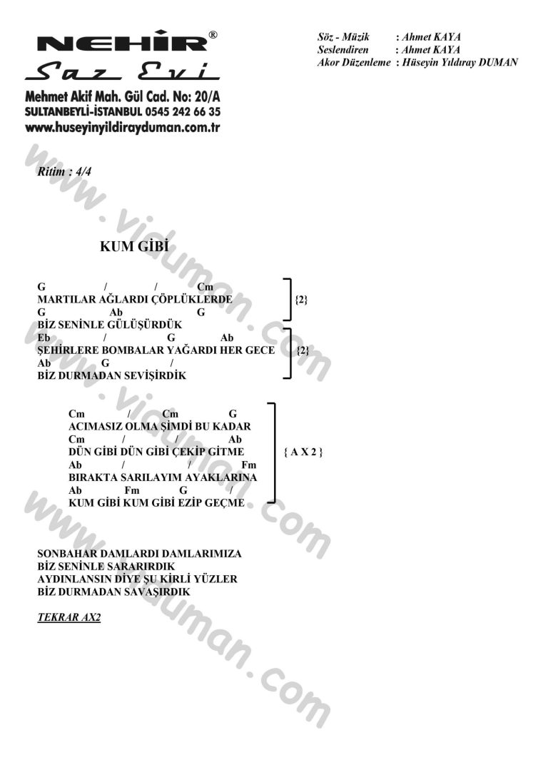Kum Gibi-Ahmet Kaya-Ritim-Gitar-Akorlari