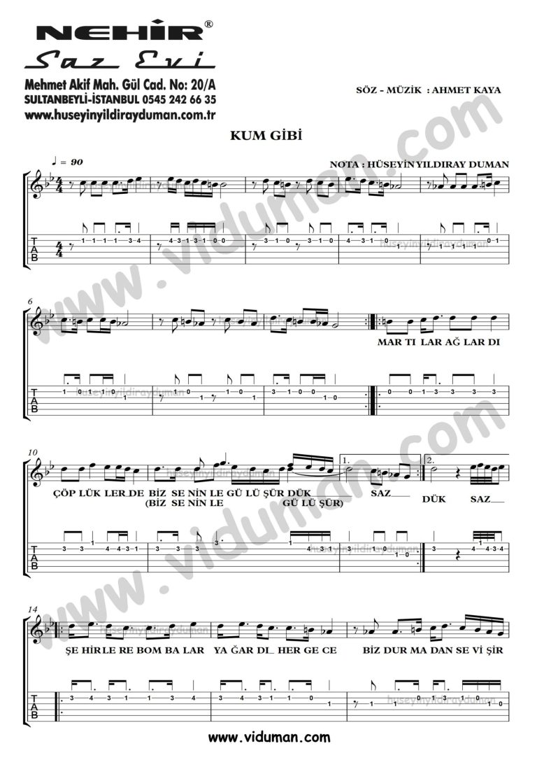 Kum Gibi_1-Ahmet Kaya-Gitar Tab-Solo Notalari