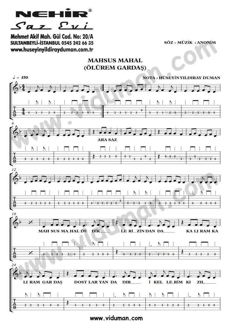 Mahsus Mahal (Olurem Gardas)_1-Ahmet Kaya-Gitar Tab-Solo Notalari