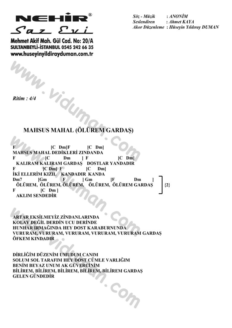 Mahsus Mahal _Olurem Gardas_-Ahmet Kaya-Ritim-Gitar-Akorlari