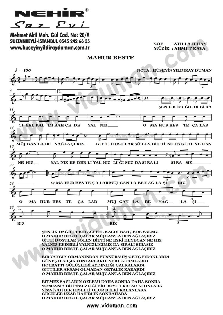 Mahur Beste-Ahmet Kaya-Baglama-Saz-Turku-Notalari