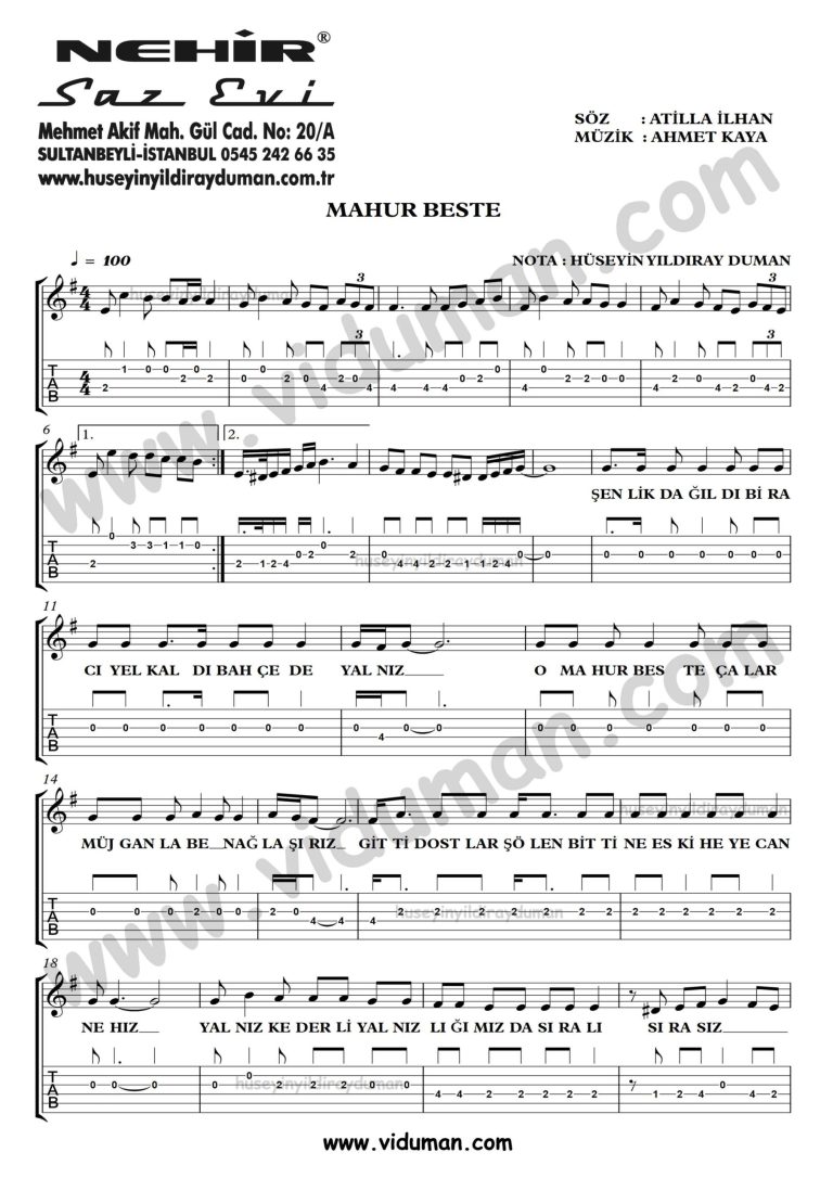 Mahur Beste_1-Ahmet Kaya-Gitar Tab-Solo Notalari