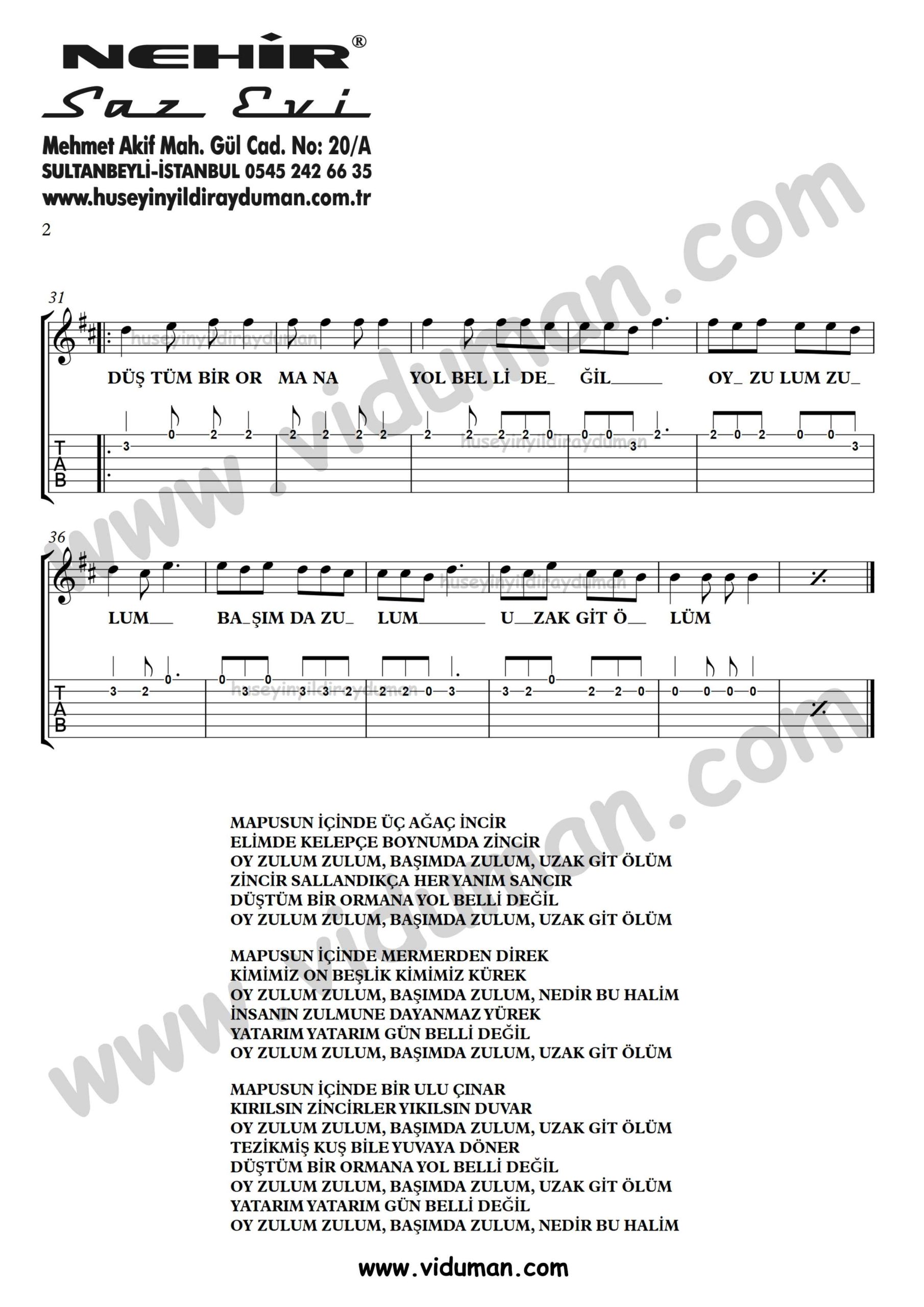 Mapusun Icinde Uc Agac Incir_2-Ahmet Kaya-Gitar Tab-Solo Notalari