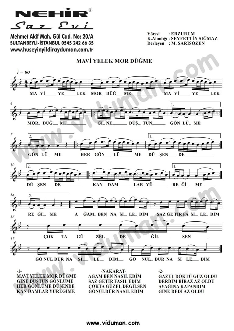 Mavi Yelek Mor Dugme-Baglama-Saz-Turku-Notalari