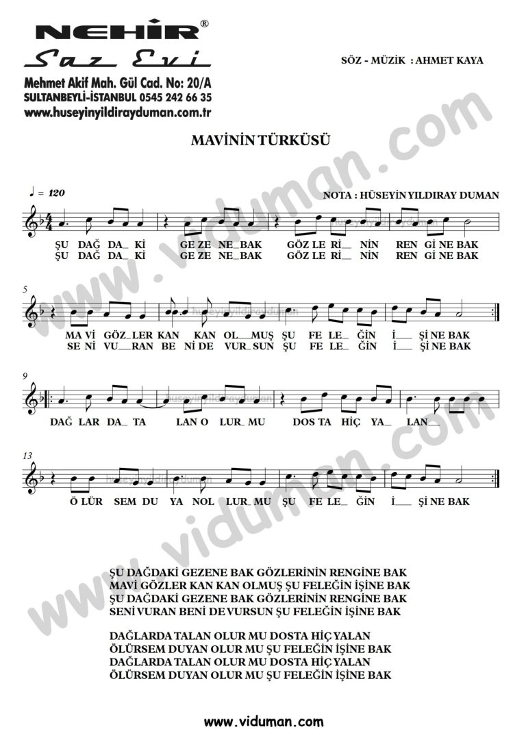 Mavinin Turkusu-Ahmet Kaya-Baglama-Saz-Turku-Notalari