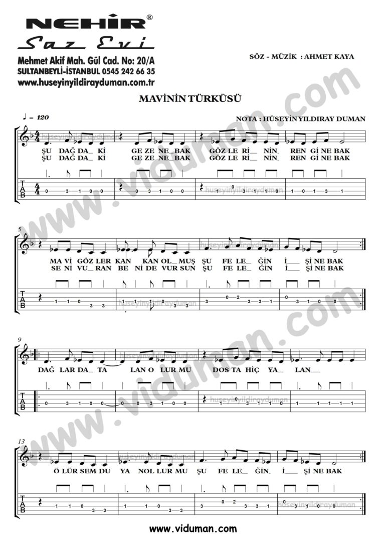 Mavinin Turkusu-Ahmet Kaya-Gitar Tab-Solo Notalari