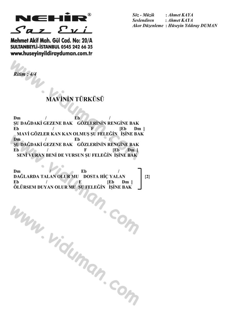 Mavinin Turkusu-Ahmet Kaya-Ritim-Gitar-Akorlari