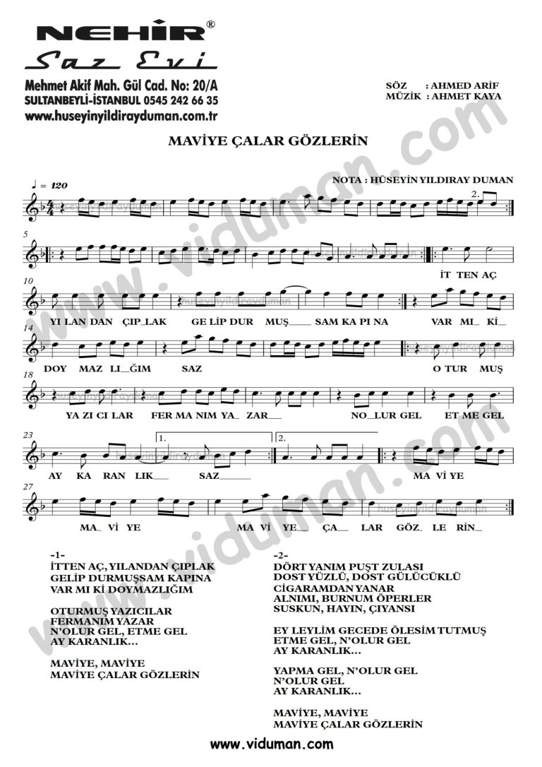 Maviye Calar Gozlerin-Ahmet Kaya-Baglama-Saz-Turku-Notalari