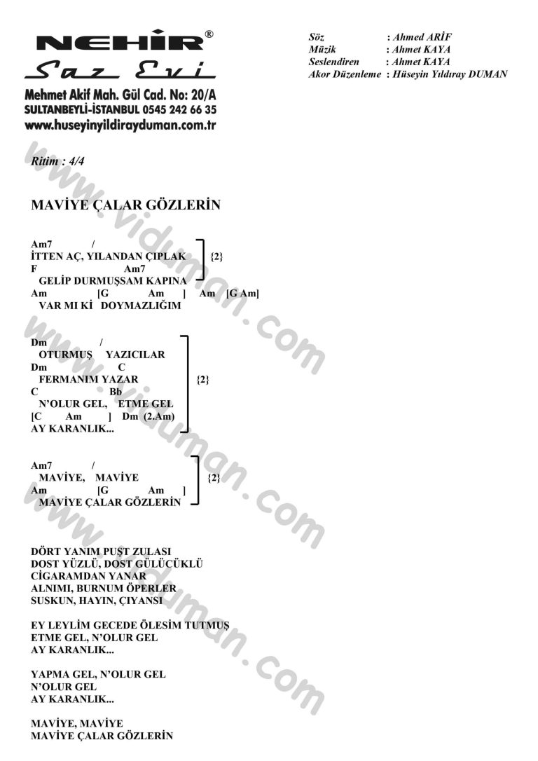 Maviye Calar Gozlerin-Ahmet Kaya-Ritim-Gitar-Akorlari