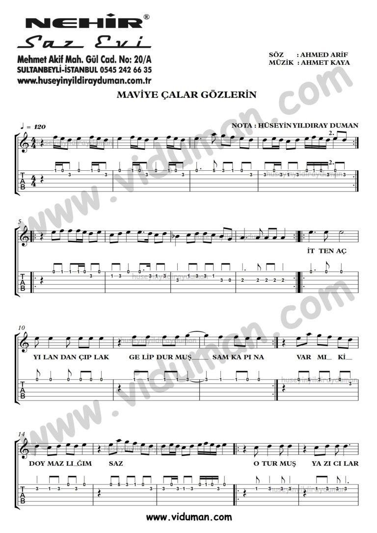 Maviye Calar Gozlerin_1-Ahmet Kaya-Gitar Tab-Solo Notalari