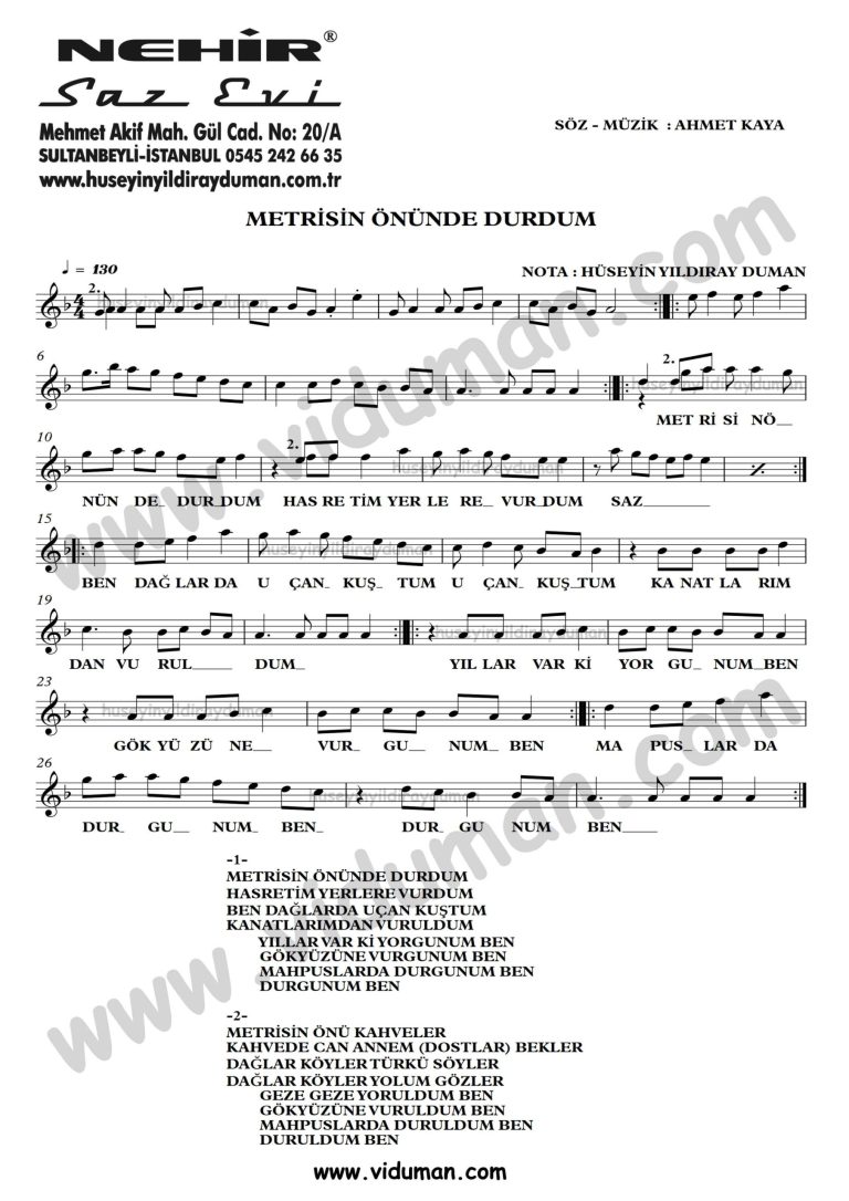 Metrisin Onunde Durdum-Ahmet Kaya-Baglama-Saz-Turku-Notalari