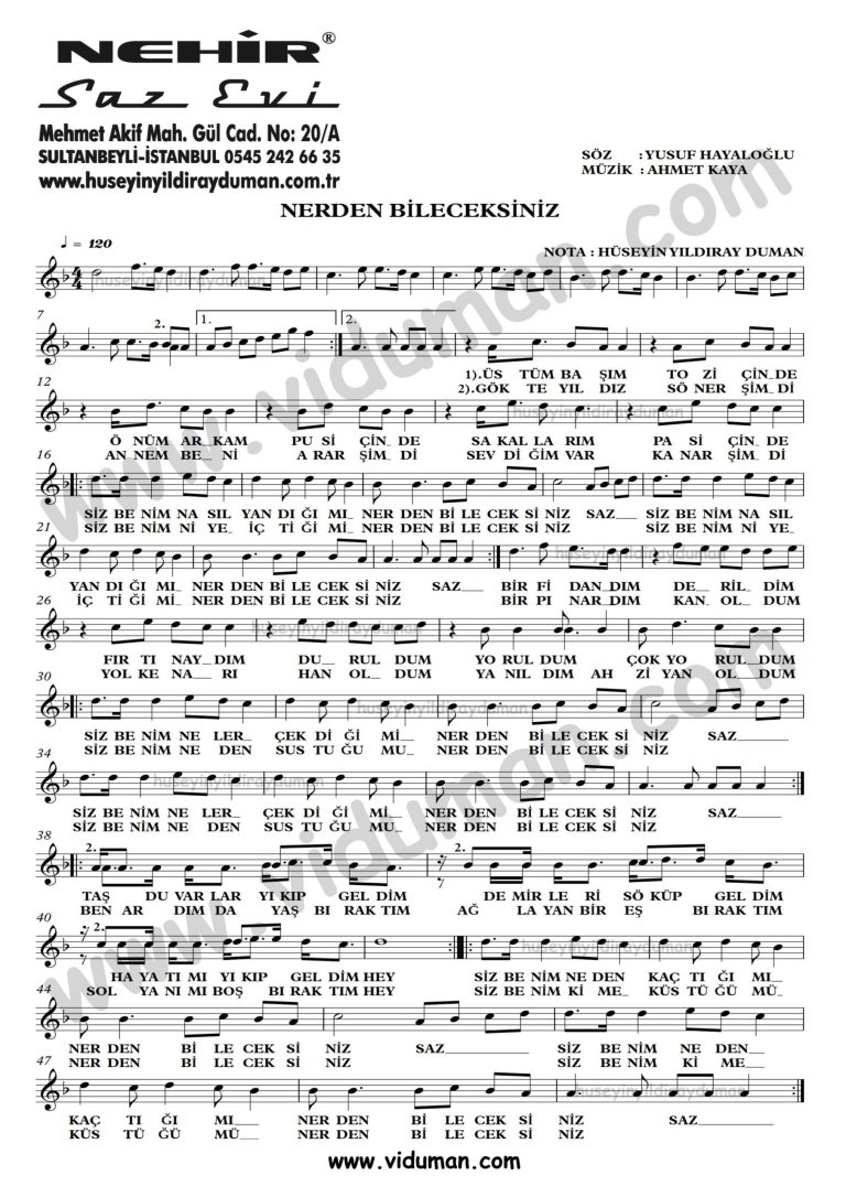 Nerden Bileceksiniz-Ahmet Kaya-Baglama-Saz-Turku-Notalari