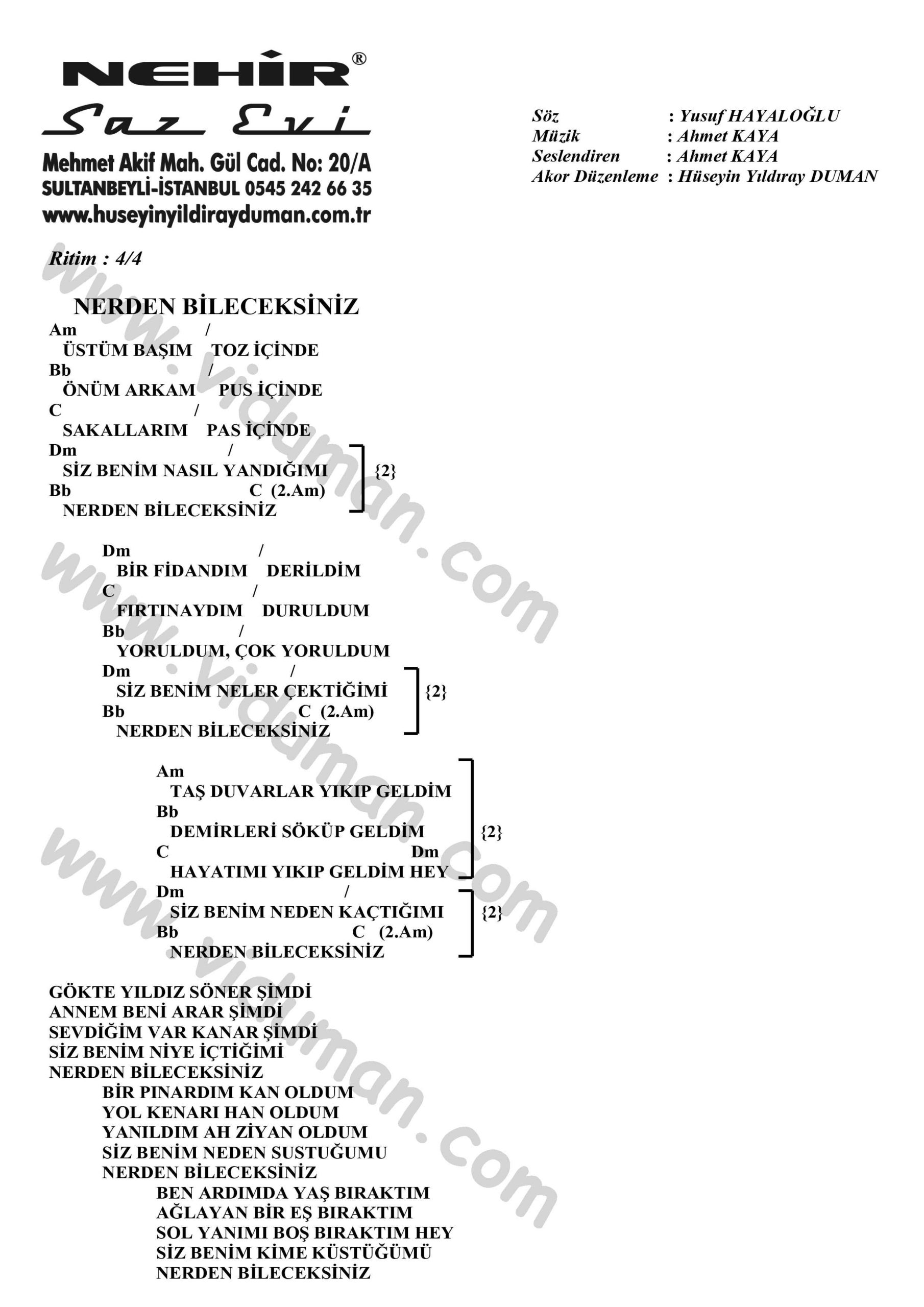 Nerden Bileceksiniz-Ahmet Kaya-Ritim-Gitar-Akorlari