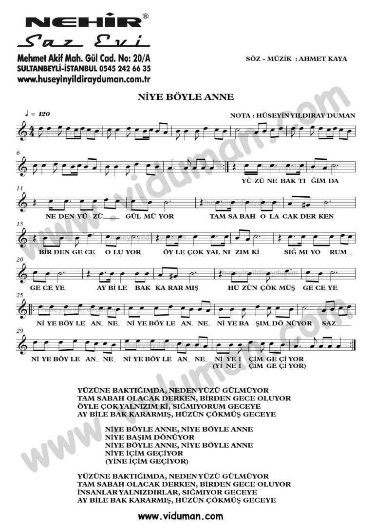 Niye Boyle Anne-Ahmet Kaya-Baglama-Saz-Turku-Notalari