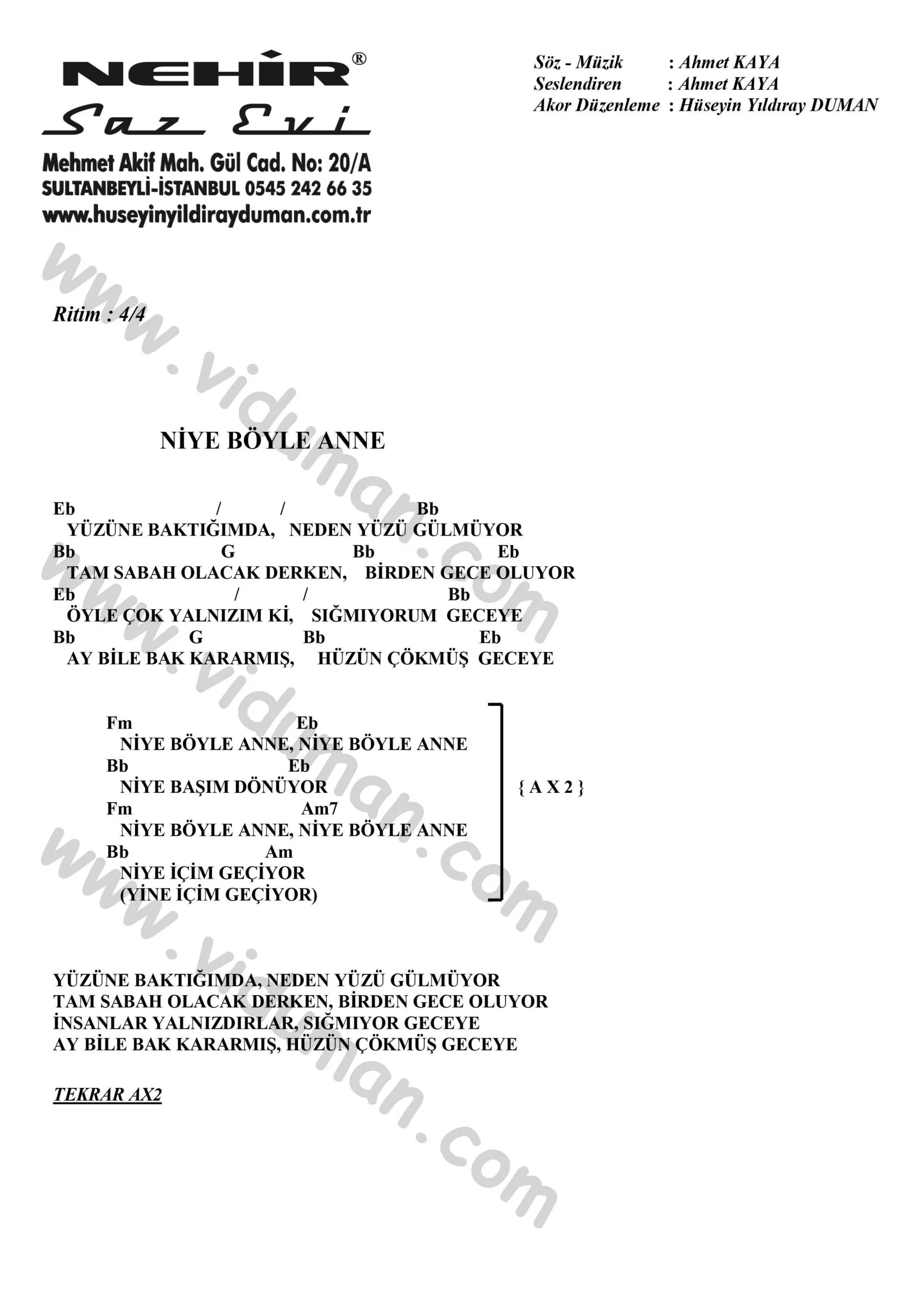 Niye Boyle Anne-Ahmet Kaya-Ritim-Gitar-Akorlari