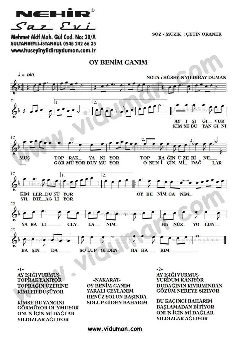 Oy Benim Canim-Ahmet Kaya-Baglama-Saz-Turku-Notalari