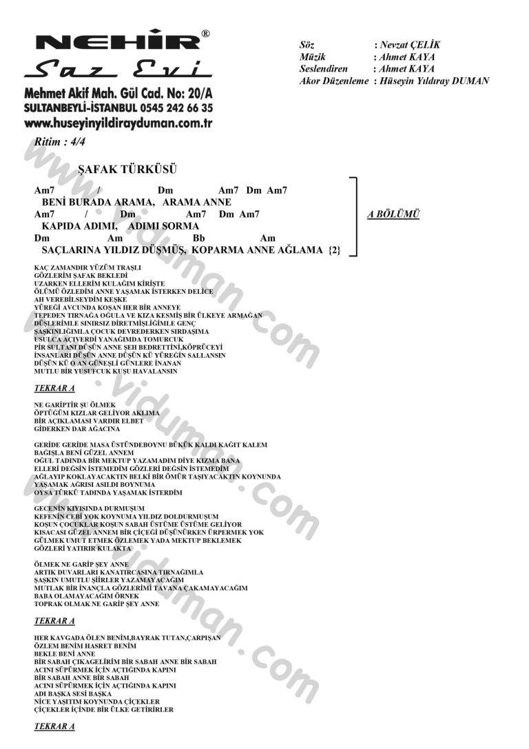 Safak Turkusu-Ahmet Kaya-Ritim-Gitar-Akorlari