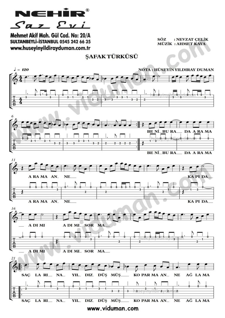 Safak Turkusu_1-Ahmet Kaya-Gitar Tab-Solo Notalari