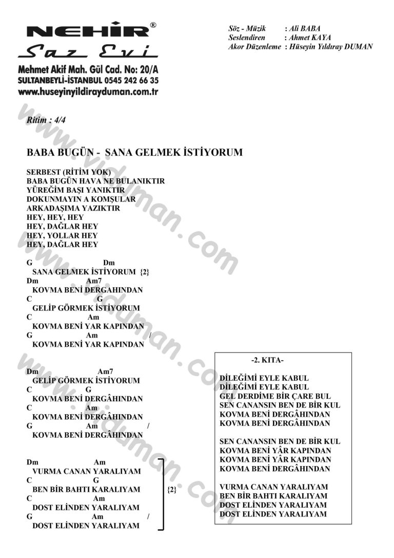 Sana Gelmek Istiyorum-Ahmet Kaya-Ritim-Gitar-Akorlari