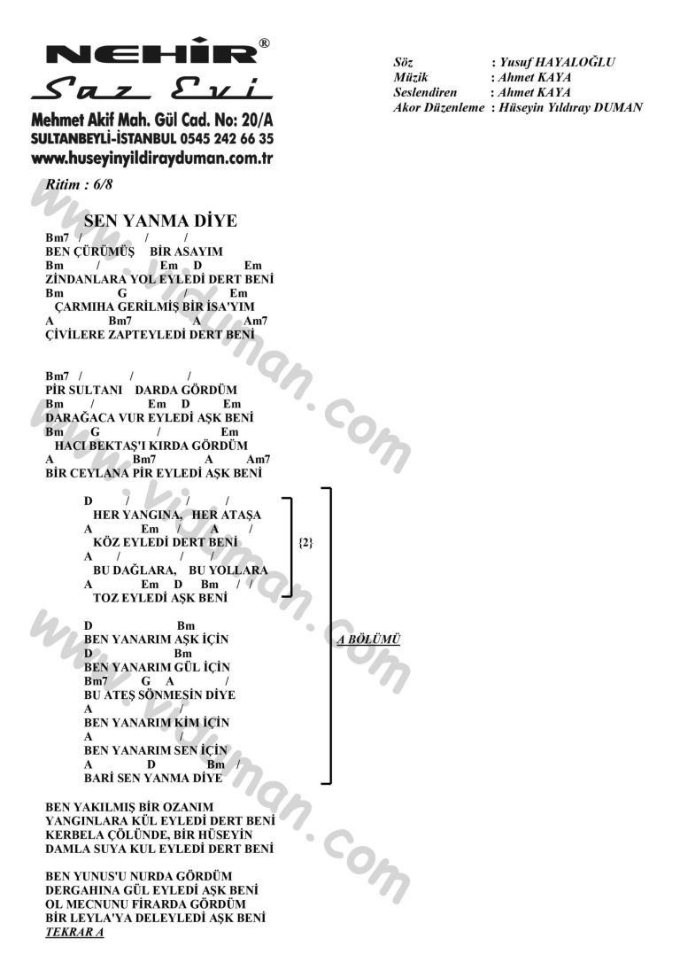 Sen Yanma Diye-Ahmet Kaya-Ritim-Gitar-Akorlari