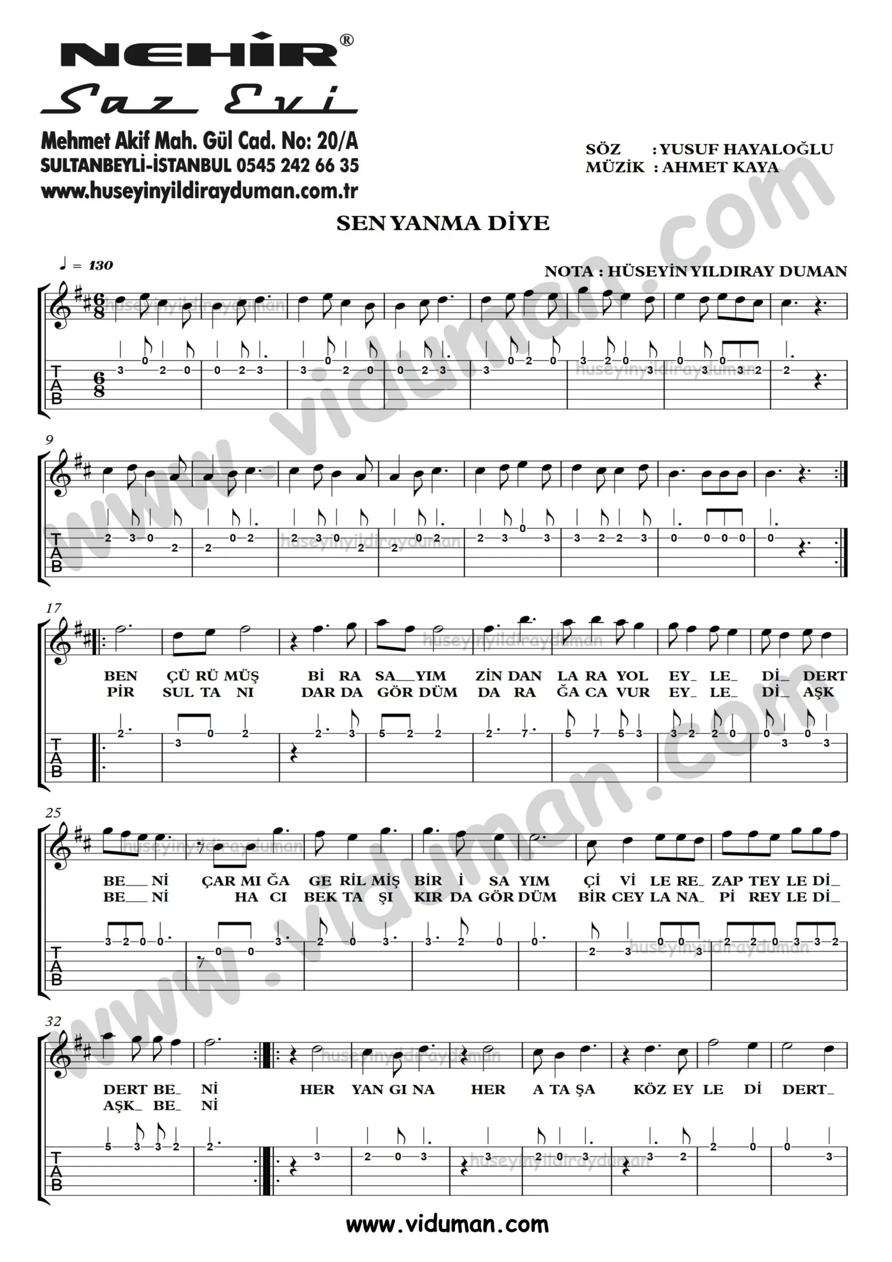 Sen Yanma Diye_1-Ahmet Kaya-Gitar Tab-Solo Notalari