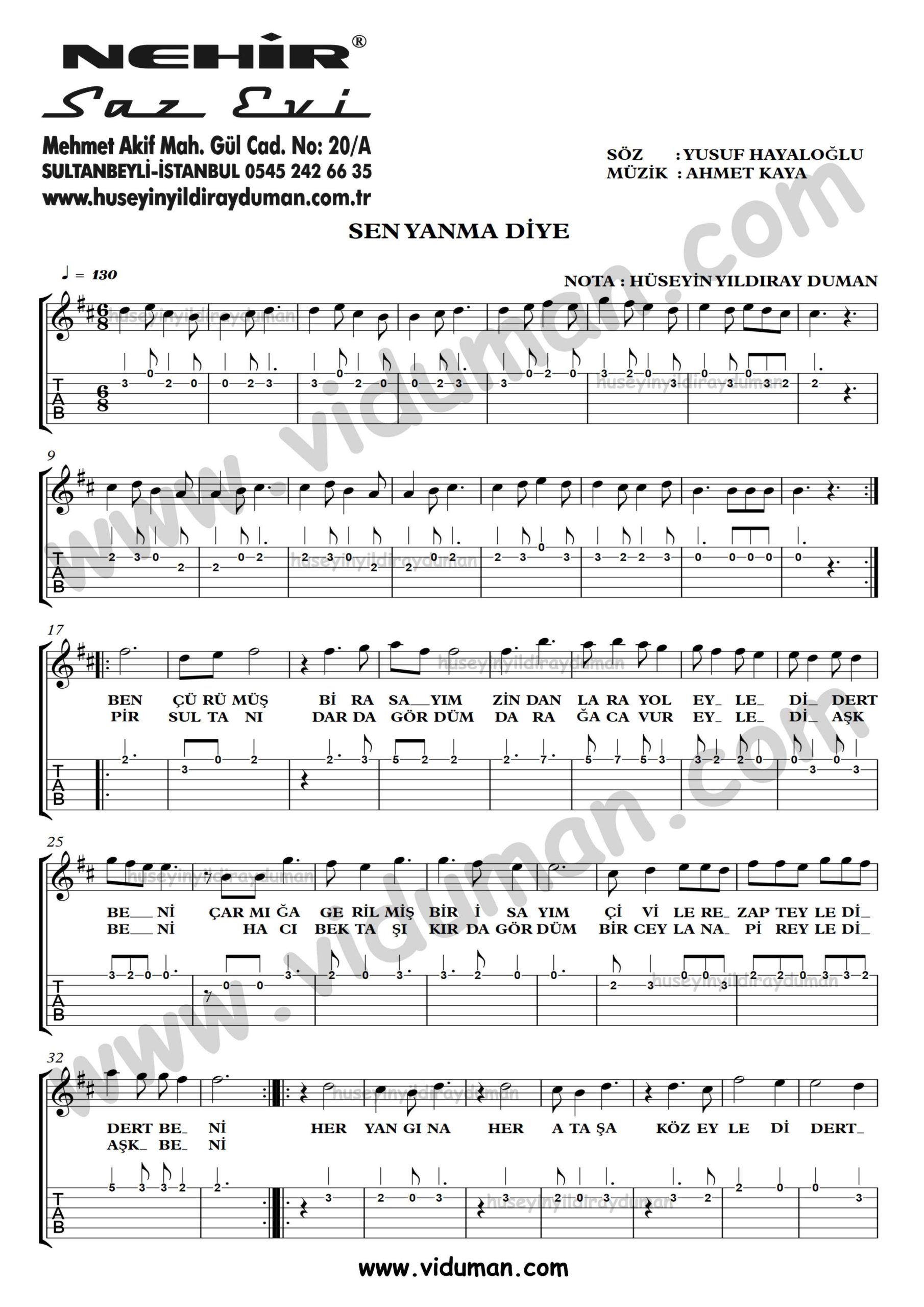 Sen Yanma Diye_1-Ahmet Kaya-Gitar Tab-Solo Notalari